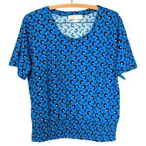 Micheal Kors Short Sleeve Blue Floral Blouse Elastic Gathered Waist SZ L